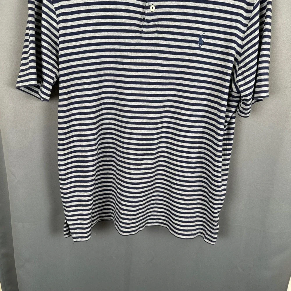 Polo Ralph Lauren Mens Large Striped Polo Shirt Navy Blue Grey Short Sleeve L